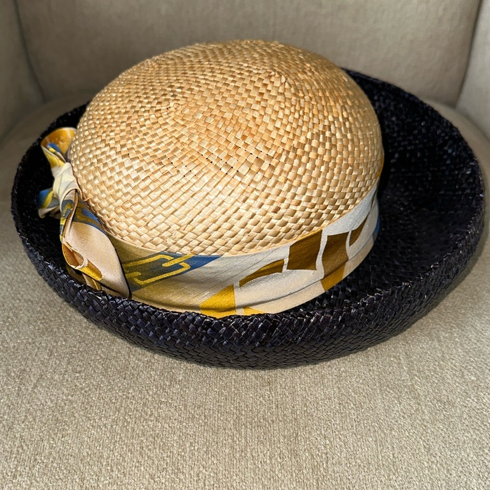 BRETON Style Vintage Straw Hat With Colorful Scarf Band Womens